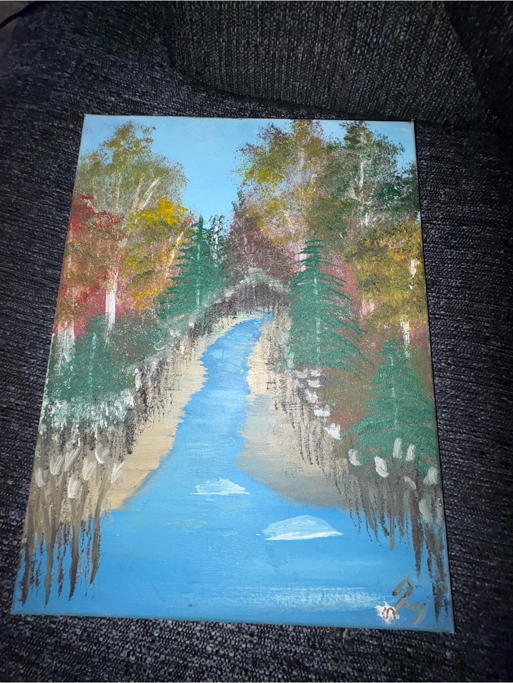 Serene Blue River Forest Canvas Painting — Handcrafted Nature Art